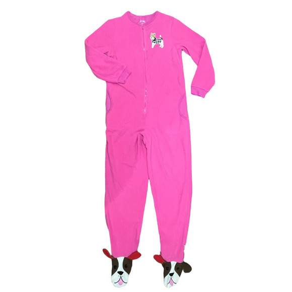 Nick & Nora Adult‎ Small Puppy Dog Foot PJs One Piece Footie Pajamas Pink Fleece - Picture 1 of 7